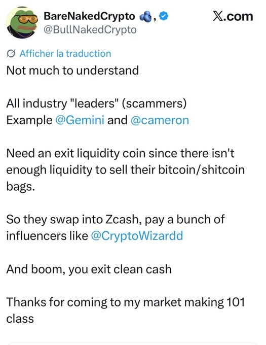 A screenshot of an X post by @BullNakedCrypto (@BareNakedCrypto) claims crypto "industry leaders" like Gemini and Cameron manipulate liquidity by swapping illiquid tokens into Zcash, paying influencers like @CryptoWizardd to promote it, and exiting with clean cash. The accompanying commentary calls @BullNakedCrypto a "fool" and "clown" for allegedly being paid to shill Zcash while doomcalling it from the bottom, mocking the legitimacy of the post's conspiracy-style claims about market making schemes.