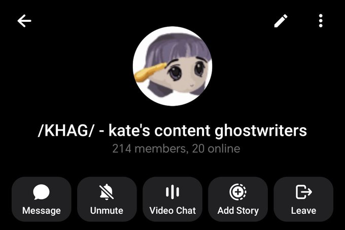 The image shows a Telegram-style group info page for "/KHAG/ - kate's content ghostwriters" with 214 members and 20 online, displaying action buttons for Message, Unmute, Video Chat, Add Story, and Leave. This likely represents an exclusive private group that requires high-balance participants ("+20000 vouch minimum") to join, aligning with the post's promotion of a vetted, members-only community.