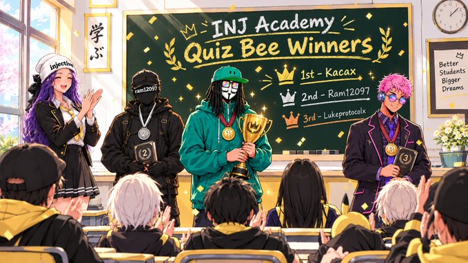 An anime-style illustration depicts an 'INJ Academy Quiz Bee Winners' ceremony, showing four winners (1st - Kacax, 2nd - Ram12097, 3rd - Lukeprotocalx) standing before a chalkboard while classmates applaud.