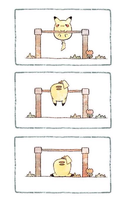 A three-panel comic shows Pikachu getting hit by a barbell on a pull-up bar, falling to the ground and turning into a Pokéball. It humorously illustrates the creator's post about working so hard on coding their closed beta launch that they've been "smashed" into exhaustion—ready to evolve into a stronger version after the beta goes live.