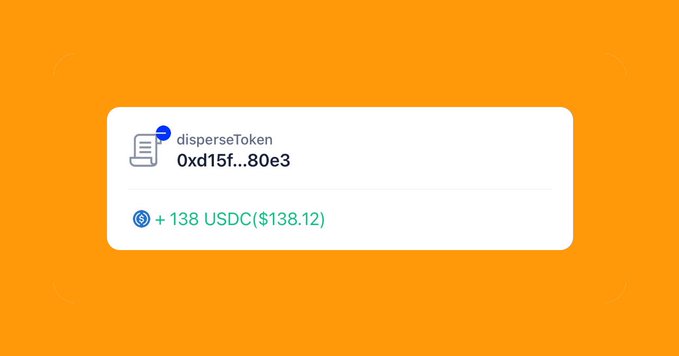 A digital transaction notification on an orange background showing 'disperseToken' with ID '0xd15f...80e3' for '+ 138 USDC($138.12)'.