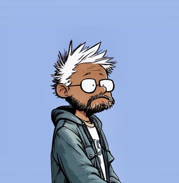 A cartoon-style illustration of a man with spiky white hair, a beard, and round glasses wearing a gray hoodie against a light blue background.