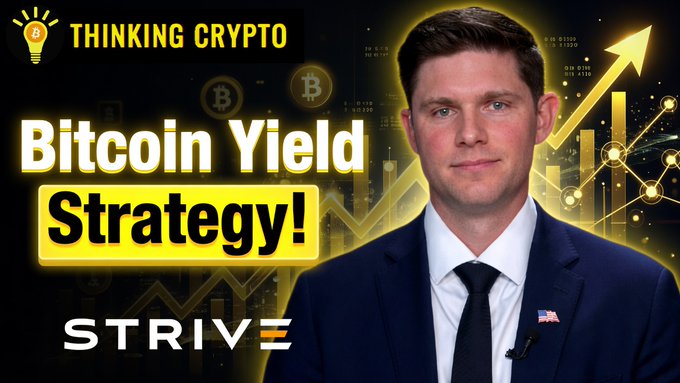 A man in a dark suit with an American flag pin appears on a YouTube thumbnail for "Thinking Crypto," promoting an episode titled "Bitcoin Yield Strategy!" featuring Strive, with Bitcoin logos and an upward-trending chart in the background to visually reinforce the post's discussion of Strive's Bitcoin treasury strategy.