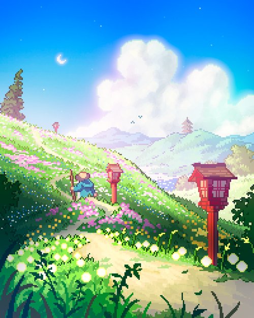 A pixel art illustration of a peaceful meadow with wildflowers, red lanterns, and a small character walking on a path under a bright sky.