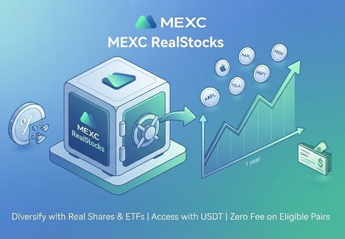 Advertisement for MEXC RealStocks showing a safe/vault graphic alongside an upward chart, with text: 'Diversify with Real Shares & ETFs | Access with USDT | Zero Fee on Eligible Pairs' and ticker labels AAPL, TSLA, MSFT, GOOG.