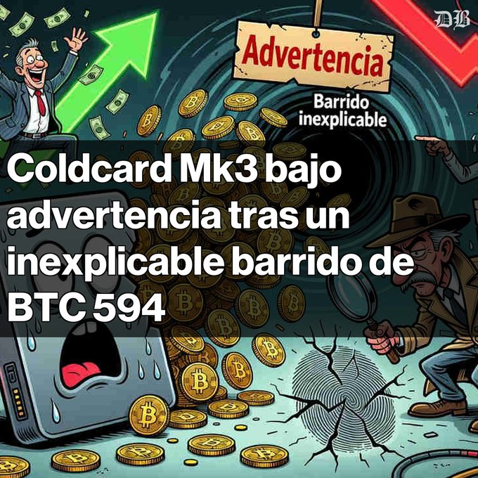 A cartoon-style graphic with Spanish text announces 'Coldcard Mk3 bajo advertencia tras un inexplicable barrido de BTC 594,' featuring imagery of Bitcoin coins, a distressed hardware wallet, a worried man, and an 'Advertencia / Barrido inexplicable' sign.