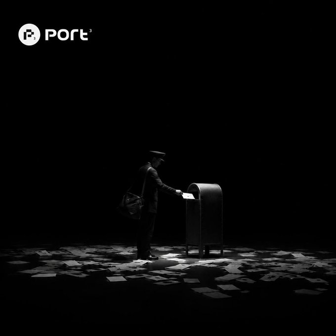 A postman in a cap stands alone in a dark void, dropping a letter into a mailbox surrounded by scattered papers on the floor, with the "PORT³" logo visible in the top-left corner. The imagery mirrors the post's message about cutting through chaos to find a clear signal or edge.