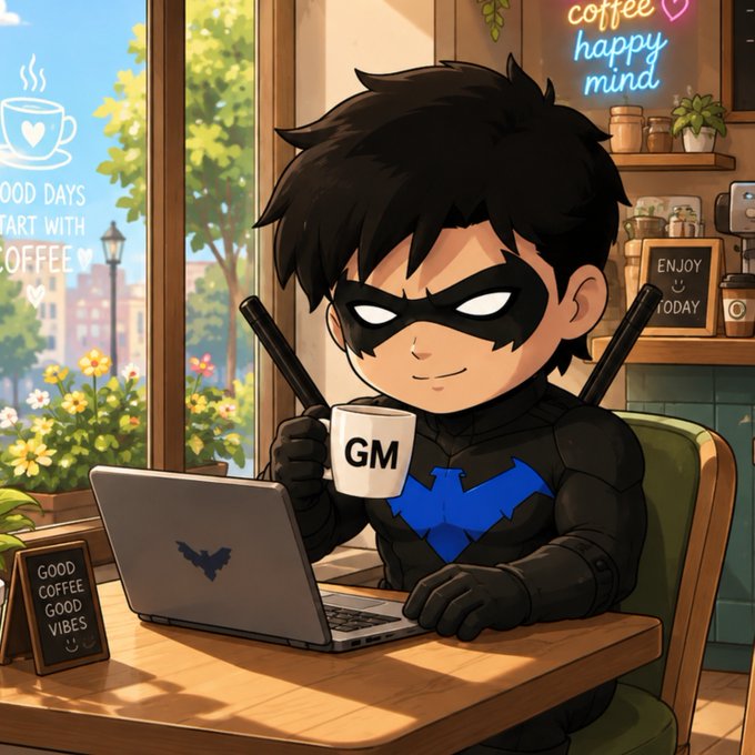 An anime-style illustration of a chibi Batman character wearing his mask and suit, holding a 'GM' mug and sitting at a laptop with a bat logo in a cozy coffee shop setting.