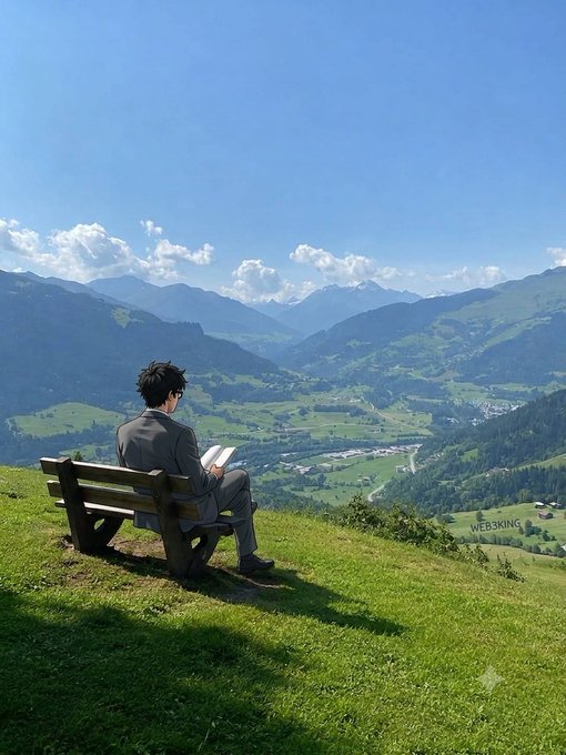 An anime-style illustration shows a person in a suit sitting on a wooden bench on a grassy hillside, reading a book while overlooking a vast mountain valley landscape with the text 'WEB3KING' visible.