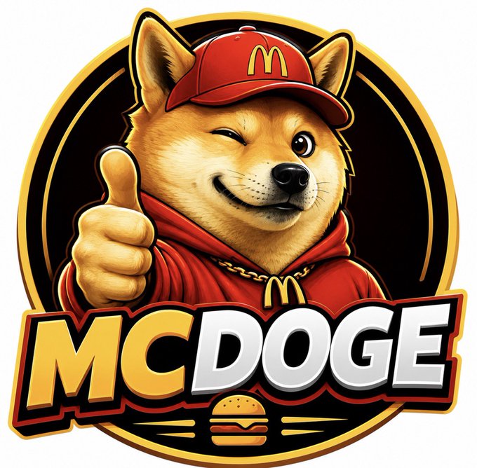A cartoon Shiba Inu dog mascot wearing a red McDonald's-style cap and giving a thumbs-up appears inside a circular badge above the bold "MCDOGE" logo, playfully merging fast food branding with the meme coin's canine theme to reinforce its community-driven, fun identity for the Solana-based MCDOGE project.