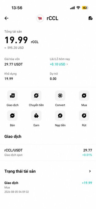 A mobile app screenshot of a cryptocurrency wallet showing an asset balance of 19.99 rCCL (≈ 595.20 USD), priced at 29.77 USDT.