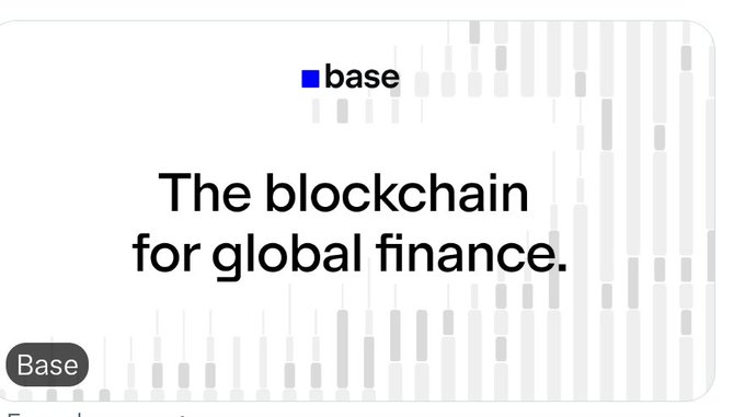 A promotional graphic for Coinbase's Base blockchain with the tagline 'The blockchain for global finance' on a candlestick chart background.