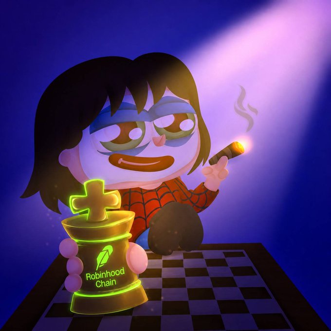 A stylized cartoon character with dark hair and a red sweater sits at a chessboard, holding a glowing cigar and a glowing chess piece branded "Robinhood Chain," evoking a Gatsby-esque aesthetic that dramatizes the upcoming public mint event on Friday, August 28 at 6 PM UTC.