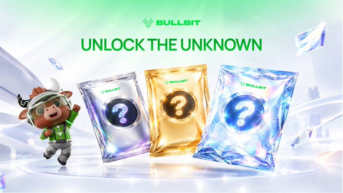 A promotional banner for 'BULLBIT' featuring the tagline 'UNLOCK THE UNKNOWN' and a cartoon bull character in a spacesuit standing next to three mystery packs with question marks.