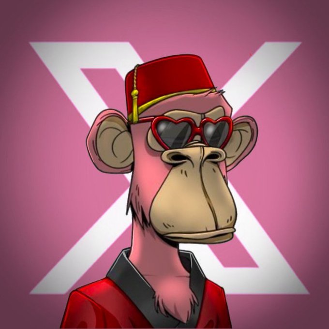 A digital illustration of a pink monkey wearing a red fez hat and red heart-shaped sunglasses, set against a pink background with a large white X.