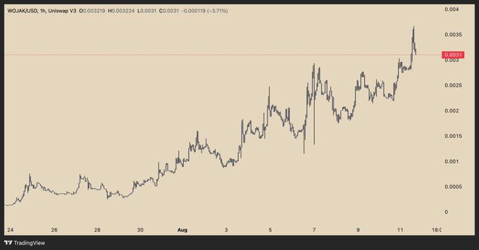 A TradingView chart shows WOJAK/USD on a 1-hour timeframe rising from ~0.0005 to 0.00319 (a 3.71% gain), highlighting the memecoin's strong upward momentum that aligns with the post's bullish outlook on $WOJAK and the broader Robinhood-themed memecoin ecosystem.