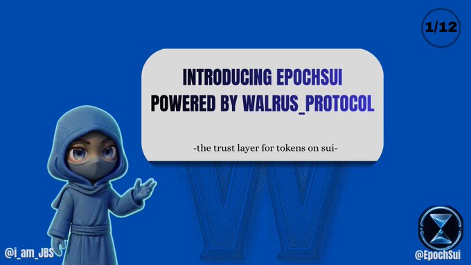 A branded graphic for EpochSui powered by Walrus Protocol, featuring a masked hooded character gesturing toward text on a blue background that introduces it as "the trust layer for tokens on sui." The image ties to the post's theme of questioning ownership and shifting control from servers to on-chain infrastructure like Sui and Walrus.