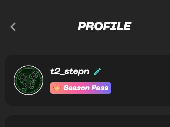 A dark-themed user profile screen for 't2_stepn' showing a circular avatar and a 'Season Pass' badge.