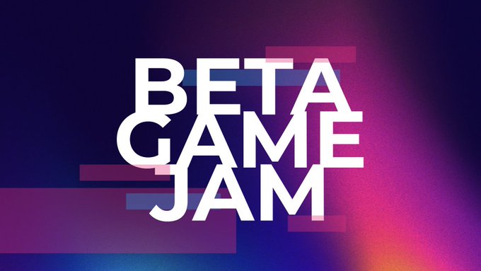 A promotional graphic with 'BETA GAME JAM' in bold white text against a dark purple background with a colorful gradient effect.