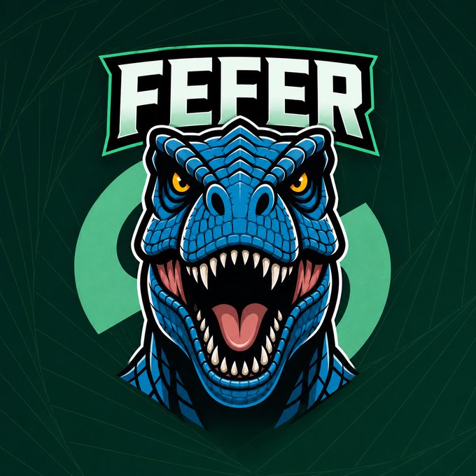 An esports logo features the word 'FEFER' in stylized text above a fierce blue T-Rex dinosaur head with glowing yellow eyes against a dark green background.