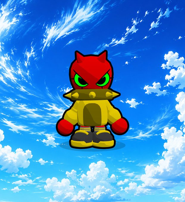 A cartoon character with a red cat-eared hood, yellow jacket, and red boxing-glove-like hands stands against a blue sky with white clouds.