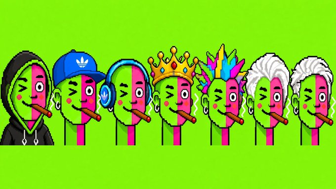 A row of seven cartoon avocado characters with pink faces smoking cigars, wearing various accessories including a black hoodie, blue cap with Adidas logo, blue headphones, gold crown, colorful spiky hair, and silver hair, against a bright green background.