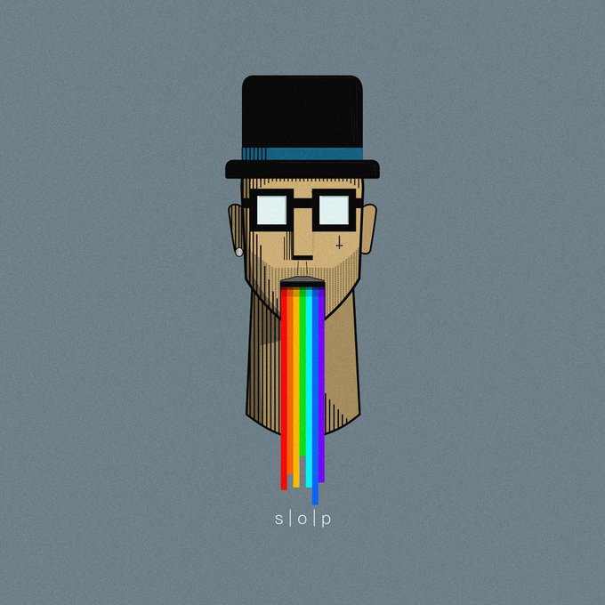 A stylized illustration of a man with a top hat, glasses, and a beard that turns into a rainbow, with the text "slolp" below him.