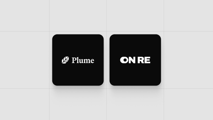 Two black app icons displayed on a white grid background: one labeled 'Plume' with a leaf logo and another labeled 'ONRE'.