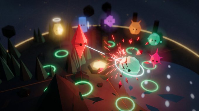 A screenshot from the video game Pode shows a small glowing character navigating a colorful, low-poly environment and battling enemies with a beam attack.
