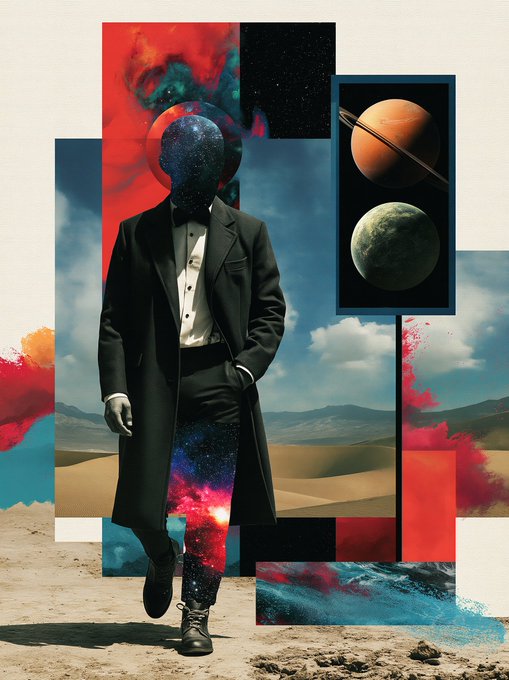 A surrealist collage featuring a figure in a tuxedo with a starry galaxy for a head, set against a desert landscape with images of Saturn and another planet.