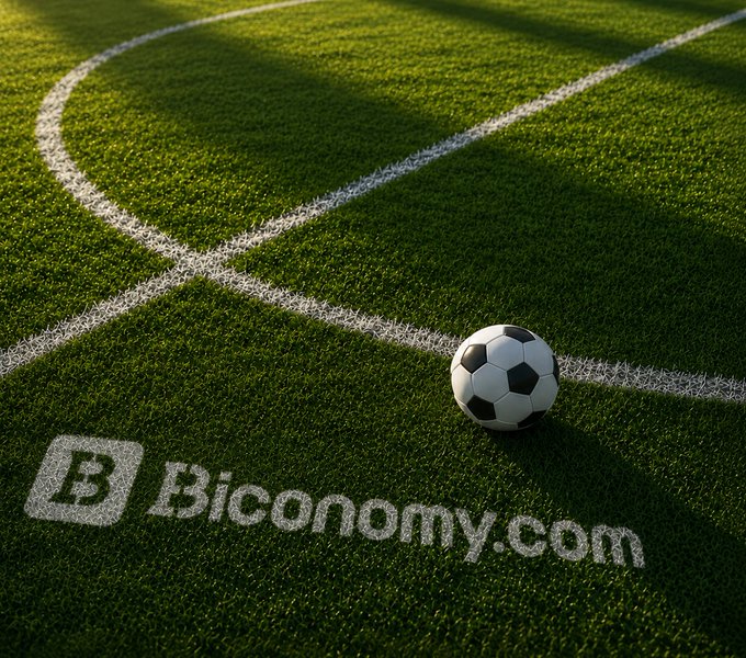 The image features a soccer ball sitting on top of a green field with white lines marking out the boundaries. The text "GM Biconomy fam Start your day like a striker on the pitch - sharp, focused, and ready to score big" is written in white next to the soccer ball, which appears to be the main focus of the image.
