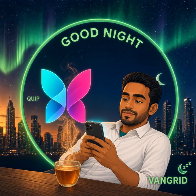 A digital illustration features a bearded man in a white shirt holding a smartphone next to a steaming cup of coffee, framed by a green neon circle reading 'GOOD NIGHT' and 'VANGRID' with a colorful 'QUIP' butterfly logo, all set against a city skyline under an aurora-lit night sky.