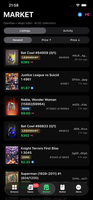 A dark-themed "MARKET" screen in a mobile app aggregates NFT listings from OpenSea and MagicEden across DC collections, showing Bat Cow #84909 at $280, Justice League vs Suicid #4961 at $1.87, Nubia Wonder Woman #15882 for $9.00, Bat Cow #86833 at $302, Knight Terrors First Blood #3045 at $2.32, and Superman (1939-2011) #1 (804/1200), illustrating the cross-market integration announced in App 2.1.