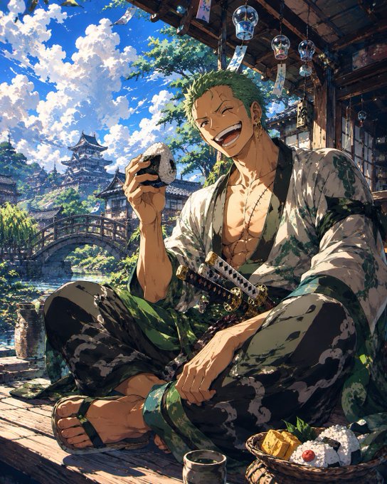 An anime-style illustration shows a green-haired man in traditional Japanese clothing laughing while holding a rice ball, with a castle and bridge in the background.