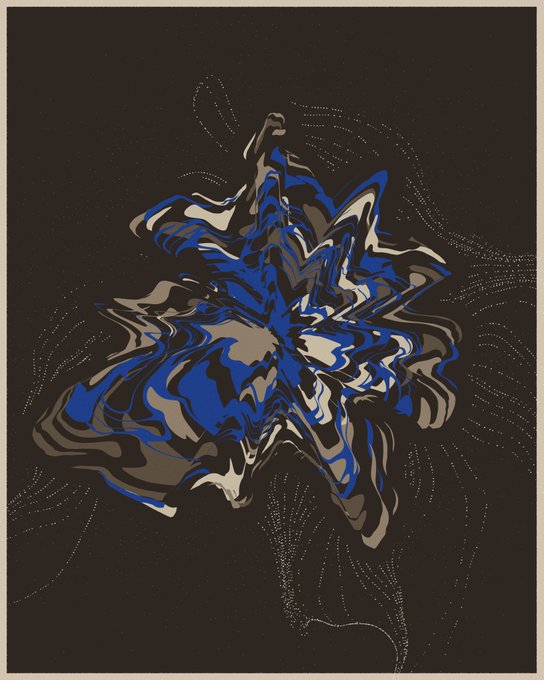 An abstract digital artwork features swirling shapes in blue, black, and beige against a black background with white dotted lines.