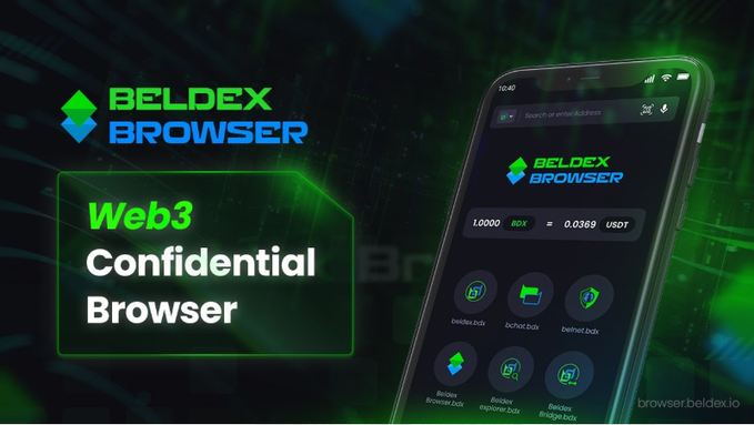 An advertisement for the 'BELDEX BROWSER' describes it as a 'Web3 Confidential Browser,' showing a smartphone interface with BDX to USDT conversion (1.0000 BDX = 0.0369 USDT) and various .bdx domain extensions.