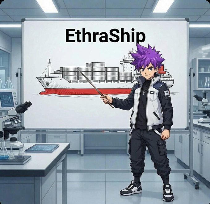 Anime-style illustration of a purple-haired character in a lab coat pointing at a whiteboard labeled 'EthraShip' showing a cargo ship drawing, surrounded by laboratory equipment.