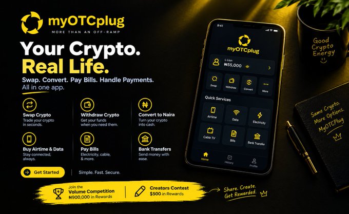 A promotional graphic for myOTCplug featuring a smartphone displaying the app's interface with features like Swap, Withdraw, Convert, and quick services (Airtime, Data, Electricity, Cable TV, Bills, Bank Transfer), alongside headlines "Your Crypto. Real Life." and mentions of a Volume Competition with ₦100,000 in rewards and a Creators Contest with $300 in rewards.