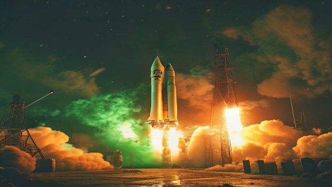 A space shuttle launches at night, engulfed in bright orange flames and billowing smoke, with a striking green glow illuminating the cloudy sky.