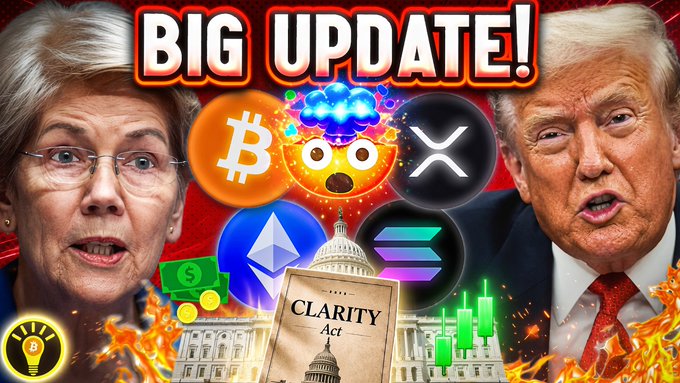 This image features Elizabeth Warren and Donald Trump alongside various cryptocurrency logos, the Capitol Building, and a document labeled "Clarity Act," suggesting a political discussion around crypto regulation. The "BIG UPDATE!" text and fiery elements imply significant news or controversy.
