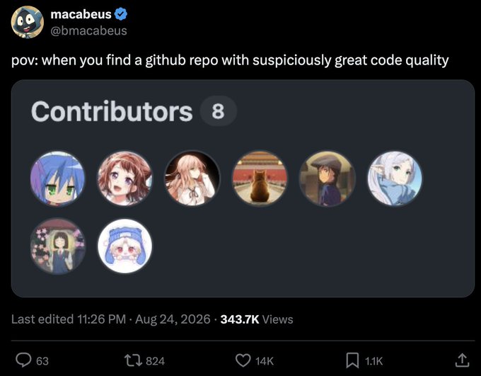 A tweet from @bmacabeus saying 'pov: when you find a github repo with suspiciously great code quality' showing 8 Contributors with anime avatars.