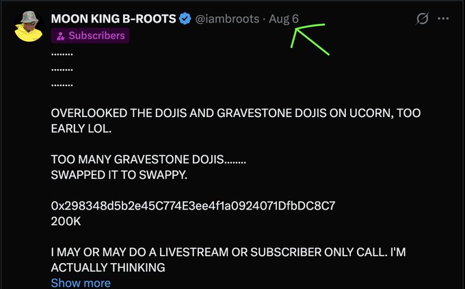 A screenshot of a tweet from "Moon King B-Roots" (@iambroots) dated Aug 6 features a green arrow pointing to the date, highlighting the early timing of his $SWAPPY call, matching the post's boast about identifying the narrative early and referencing the contract address 0x298348d5b2e45C774E3ee4f1a0924071DfbDC8C7.