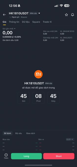A mobile trading app screen showing the HK1810USDT perpetual contract (related to Xiaomi/HK1810), with a countdown timer of 45 hours, 8 minutes, 45 seconds until trading opens, Long/Short buttons, and a price of 0.00.