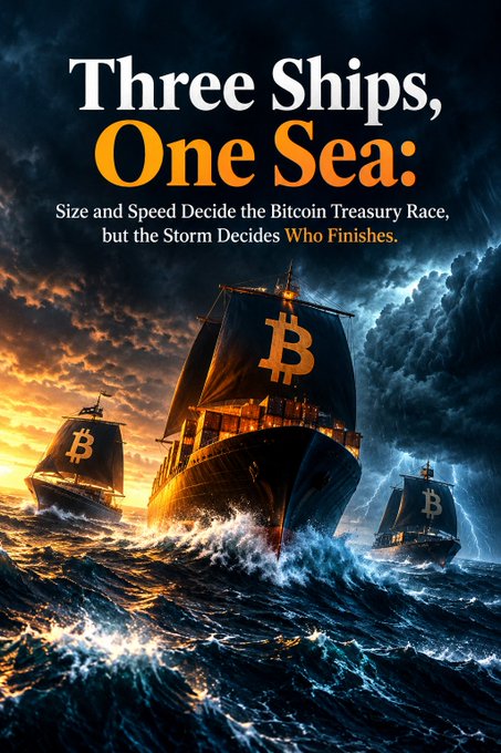 A dramatic poster titled 'Three Ships, One Sea: Size and Speed Decide the Bitcoin Treasury Race, but the Storm Decides Who Finishes' depicts three sailing ships with Bitcoin logo sails navigating stormy seas.