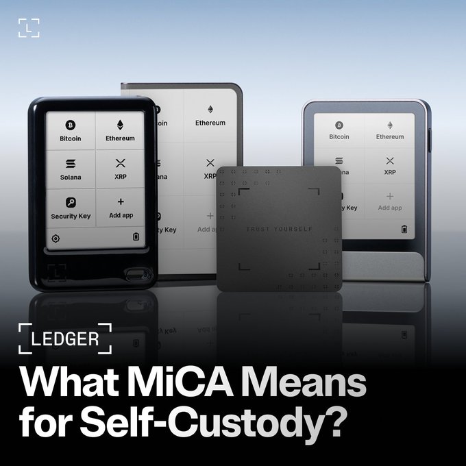 Three Ledger hardware wallets (Stax, Flex, and Nano) are displayed against a gradient background with the Ledger logo and headline "What MiCA Means for Self-Custody?" beneath them, visually reinforcing the post's message about using Ledger devices for self-custody under Europe's new MiCA regulations.