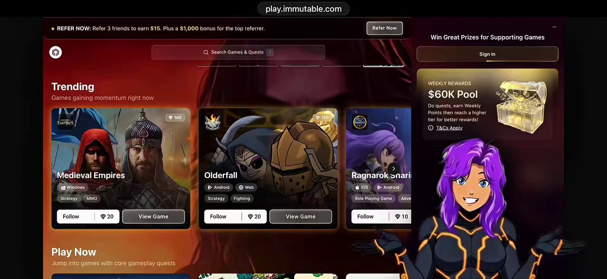 A screenshot of a website called @Immutable, with a person standing beside it. The website is hosting several posts related to Mythic Rewards, including a player named @Mintory_labs who has increased the number of winners for each tier in some games on the site. There's also a post about Pocket Legions by @Olderfall and Pocket Legends by @MedievalEmpires. The post title is "@Immutable Recently On Immutable Play there has been Increased the number of winners for each Tier(s) So many quests are live right now on Immutable Play".