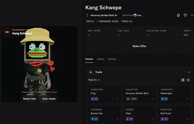 An NFT marketplace page displays 'Kang Schwepe' from the Honorary Builder Bots collection, rarity #25, on the Robinhood Chain, featuring traits including Frog character, Bucket Hat, Pepe screen, and Red Scarf.
