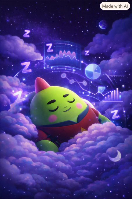 A whimsical digital illustration of a green character with closed eyes sleeping on purple clouds at night, surrounded by floating Z's, a sleep graph, and a crescent moon, labeled "Made with AI" in the corner.