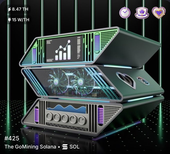 A promotional image for "#425 The GoMining Solana (SOL)" showing a stylized futuristic mining device with digital displays, hash rate of 8.47 TH, and 15 W/TH efficiency, decorated with clock, top hat, and heart emojis.