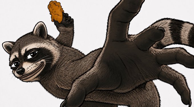 An illustrated raccoon with a mischievous grin extends a large paw toward the viewer while holding up a piece of fried chicken in its other hand.